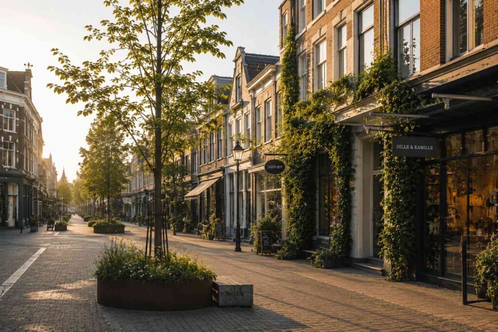 AI-Visualisatie van een groen stadscentrum met veel bomen, verblijfsruimte en klimaatbestendige inrichting.