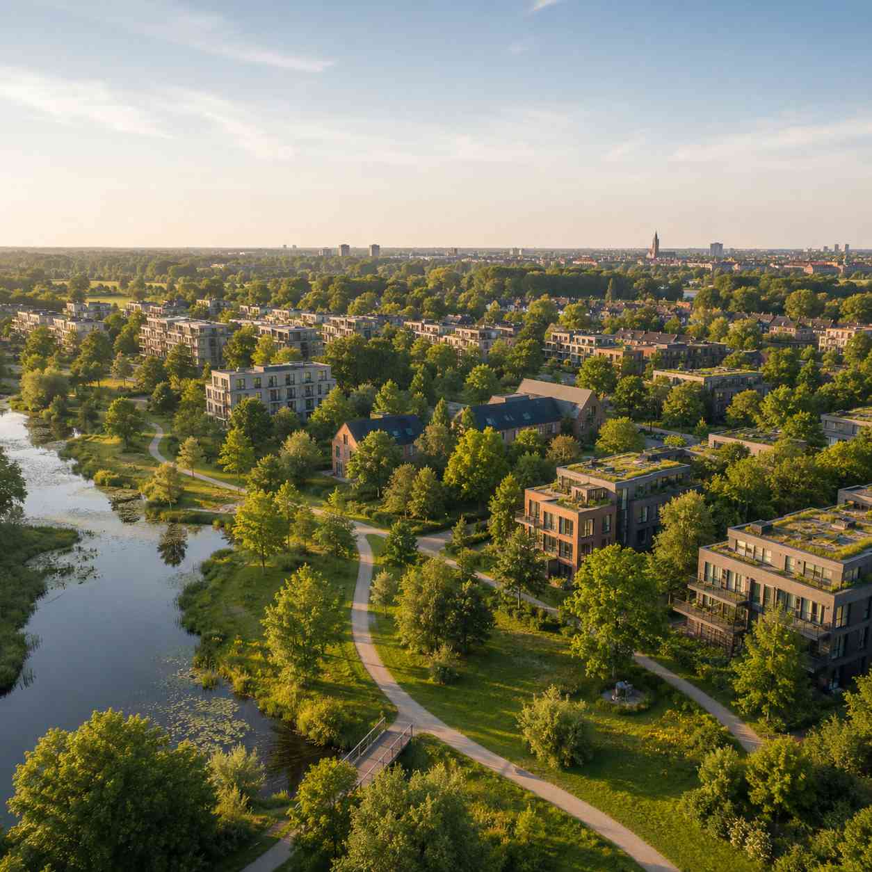 Luchtfoto van een moderne woonwijk met veel groen en openbare ruimte.